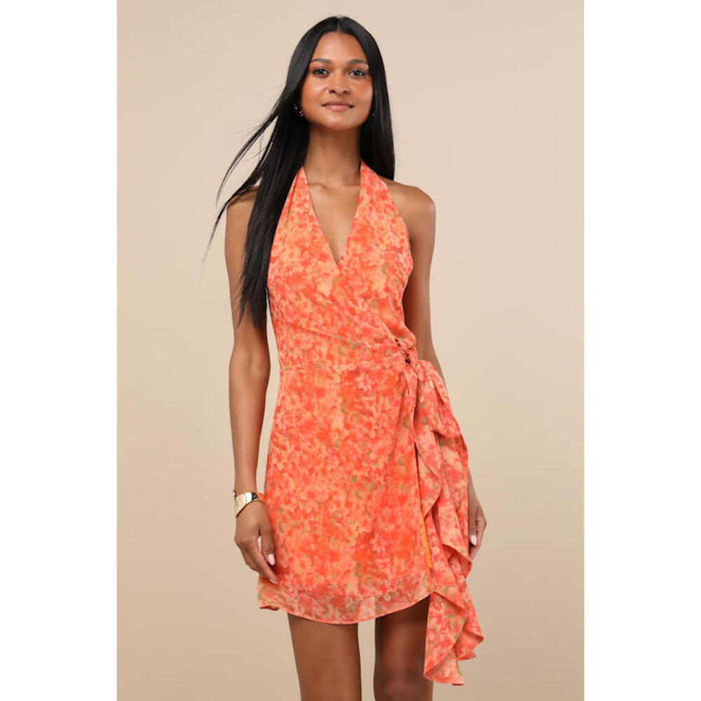 Lulus Felicita Orange Floral Halter Wrap Mini Dress - Size L